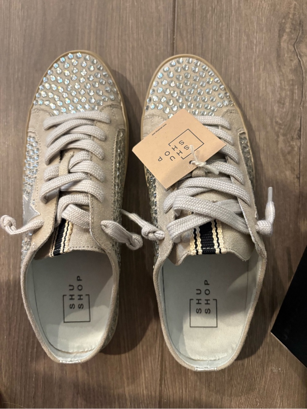 ShuShop Taupe Crystal-Studded Lace-Up Sneakers